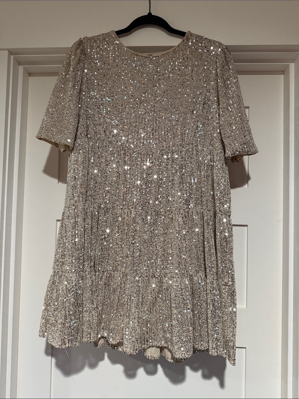 Just Me Champagne Sequin Short Sleeve Party Dress